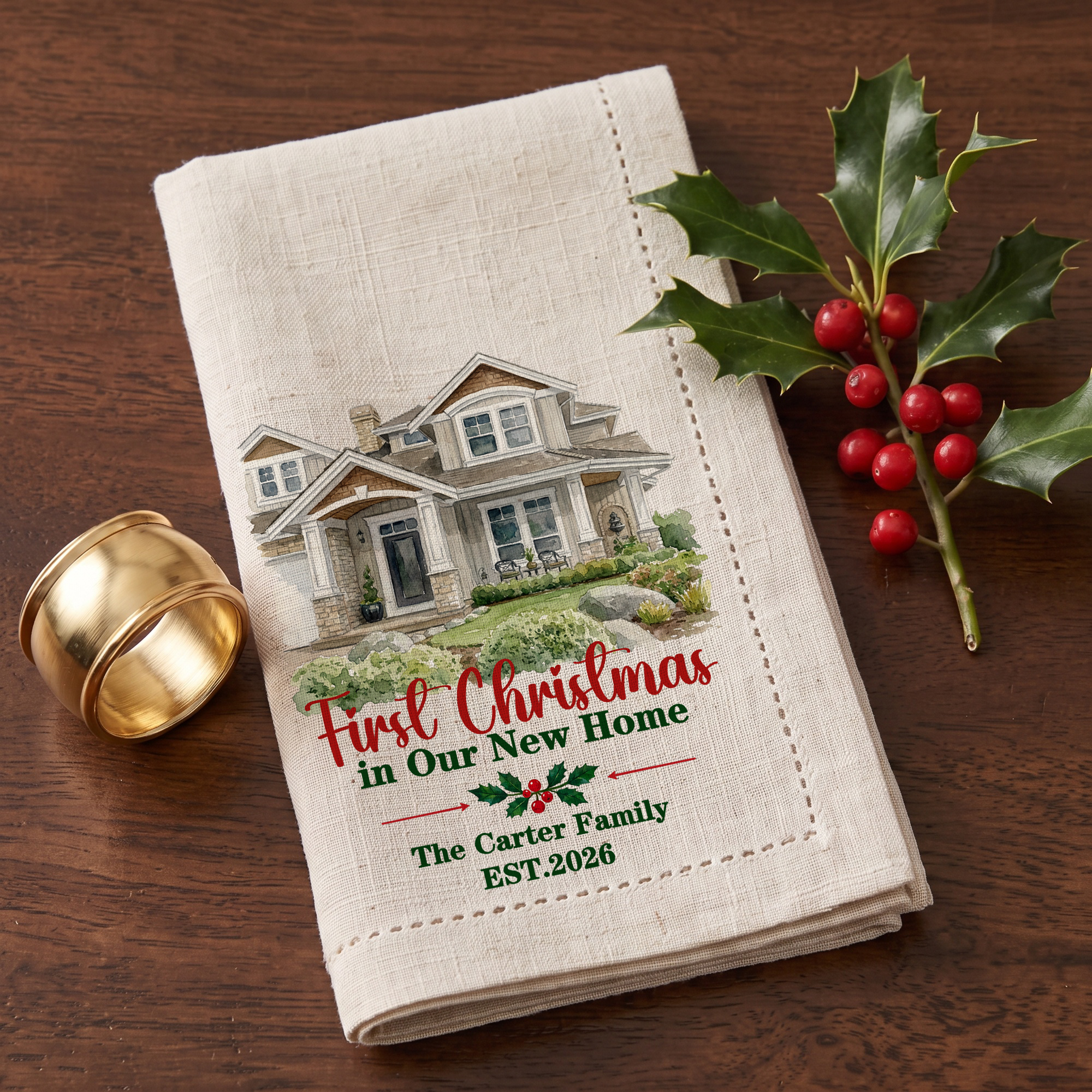 Personalised Watercolor Style House Photo Linen Napkin with Text and Year Table Decor Christmas Housewarming Gift for Family