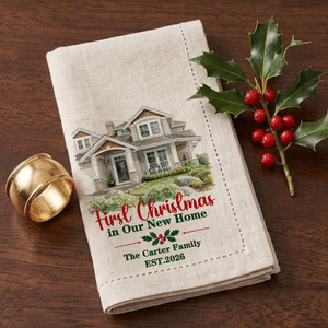 Personalized Watercolor Style House Photo Linen Napkin with Text and Year Table Decor Christmas Housewarming Gift for Family