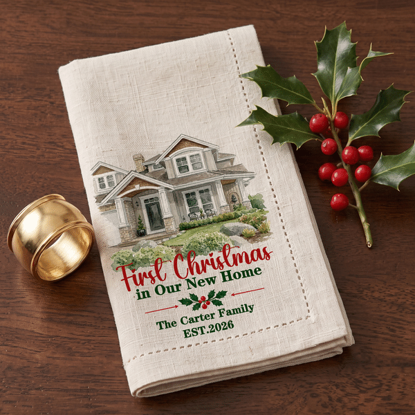 Personalized Watercolor Style House Photo Linen Napkin with Text and Year Table Decor Christmas Housewarming Gift for Family