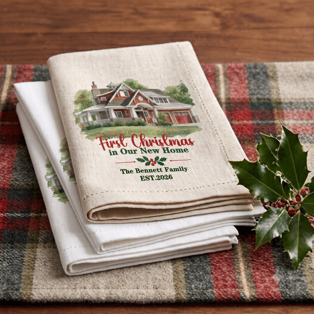 Personalized Watercolor Style House Photo Linen Napkin with Text and Year Table Decor Christmas Housewarming Gift for Family 2
