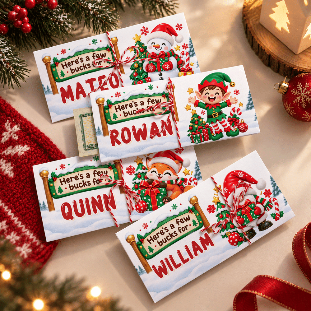 Gepersonaliseerde kerstkaart met cartoonfiguur, kerstmuts, geldvakje en envelop – kerstcadeau voor kinderen en het hele gezin 2
