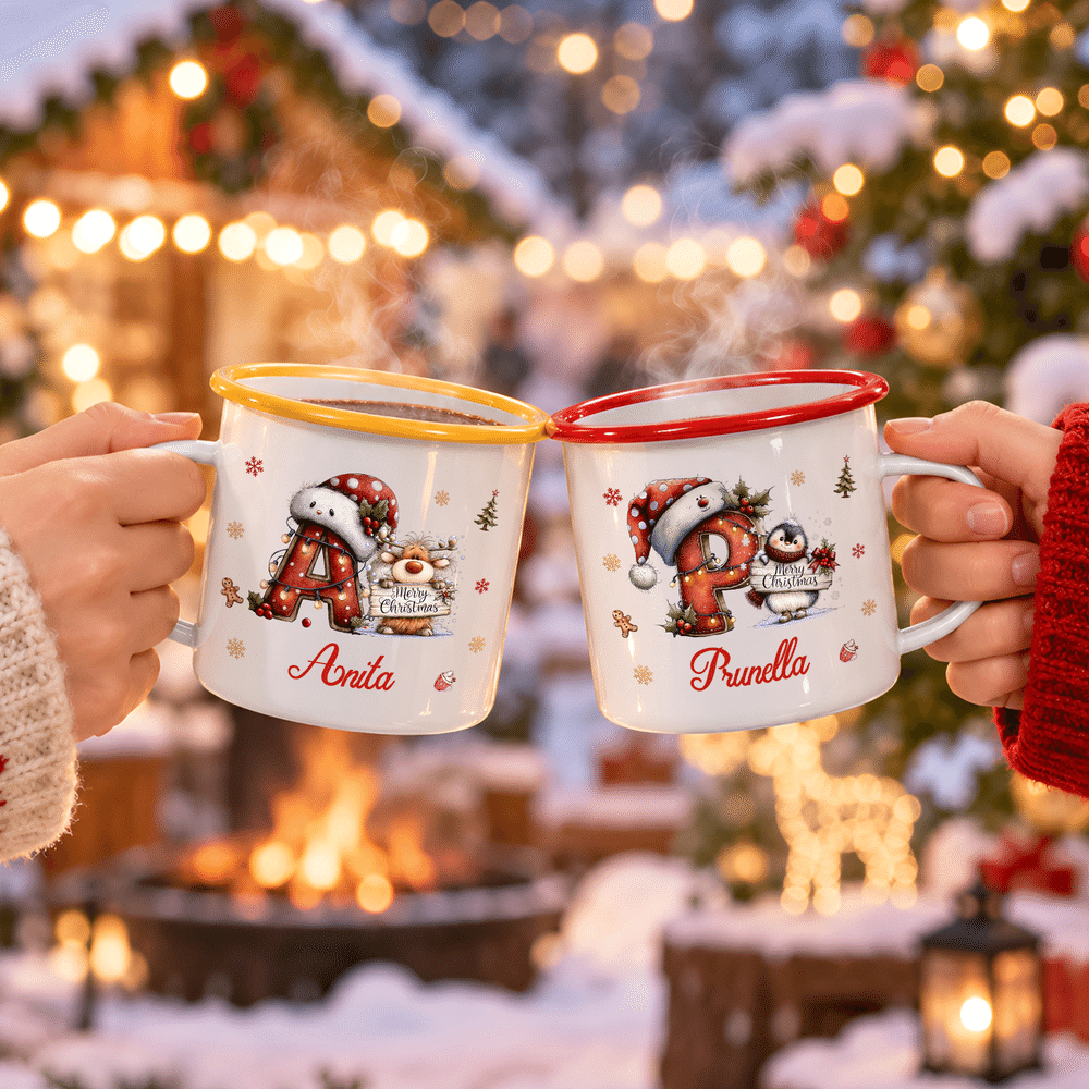 Personalised Snowflake Cartoon Animal Initial 12 oz Colourful Rim Enamel Mug with Name Christmas Holiday Gift for Family Kids 3
