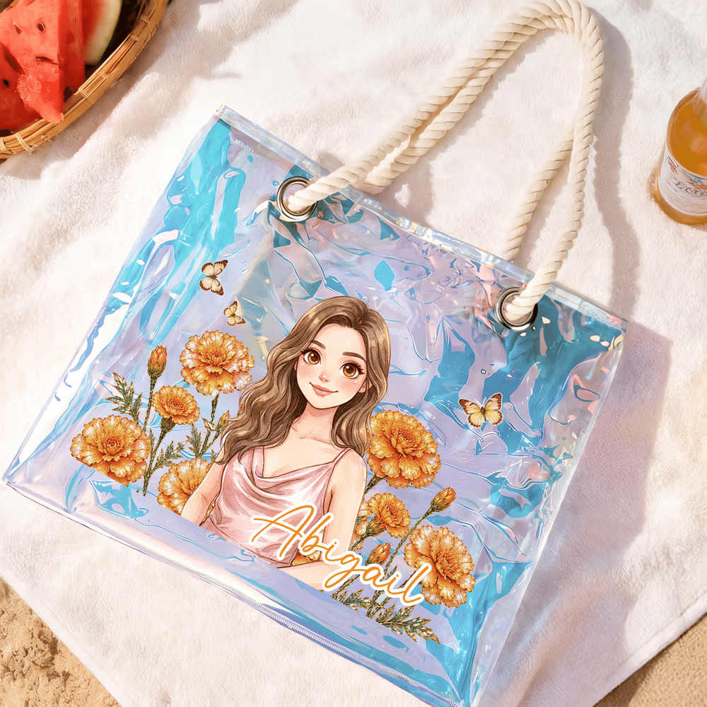 Personalised Colourful Cartoon Portrait Birth Flower Butterfly Transparent Beach Tote Bag with Photo and Name Bridesmaid Gift for Women Friends 4