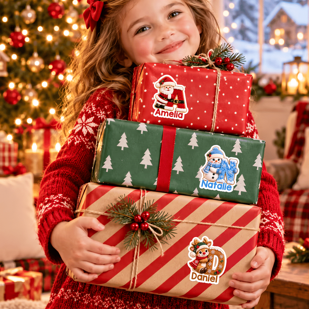 Personalised Cute Santa Claus Snowman Elf Elk Initial Label Waterproof Stickers with Name Gift Decor Christmas Party Gift for Family Friends 5