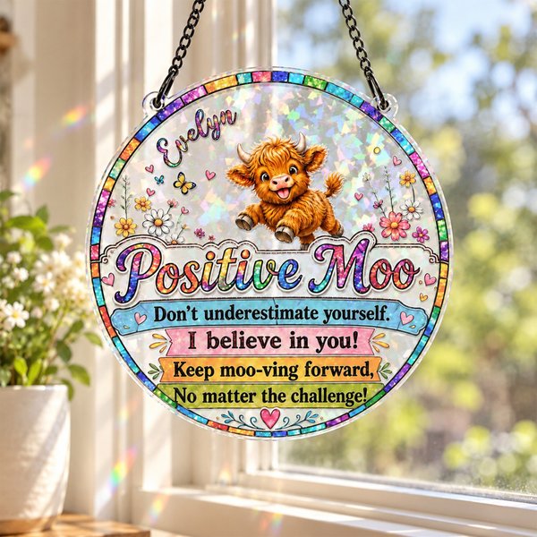 Catch-soleil personnalisé, coloré, représentant une vache des Highlands, avec le mot « Moo », un motif floral et des papillons, personnalisé avec un prénom – cadeau d’anniversaire, de pendaison de crémaillère ou d’encouragement pour les amies