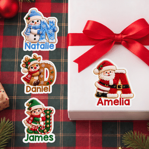 Personalized Cute Santa Claus Snowman Elf Elk Initial Label Waterproof Stickers with Name Gift Decor Christmas Party Gift for Family Friends