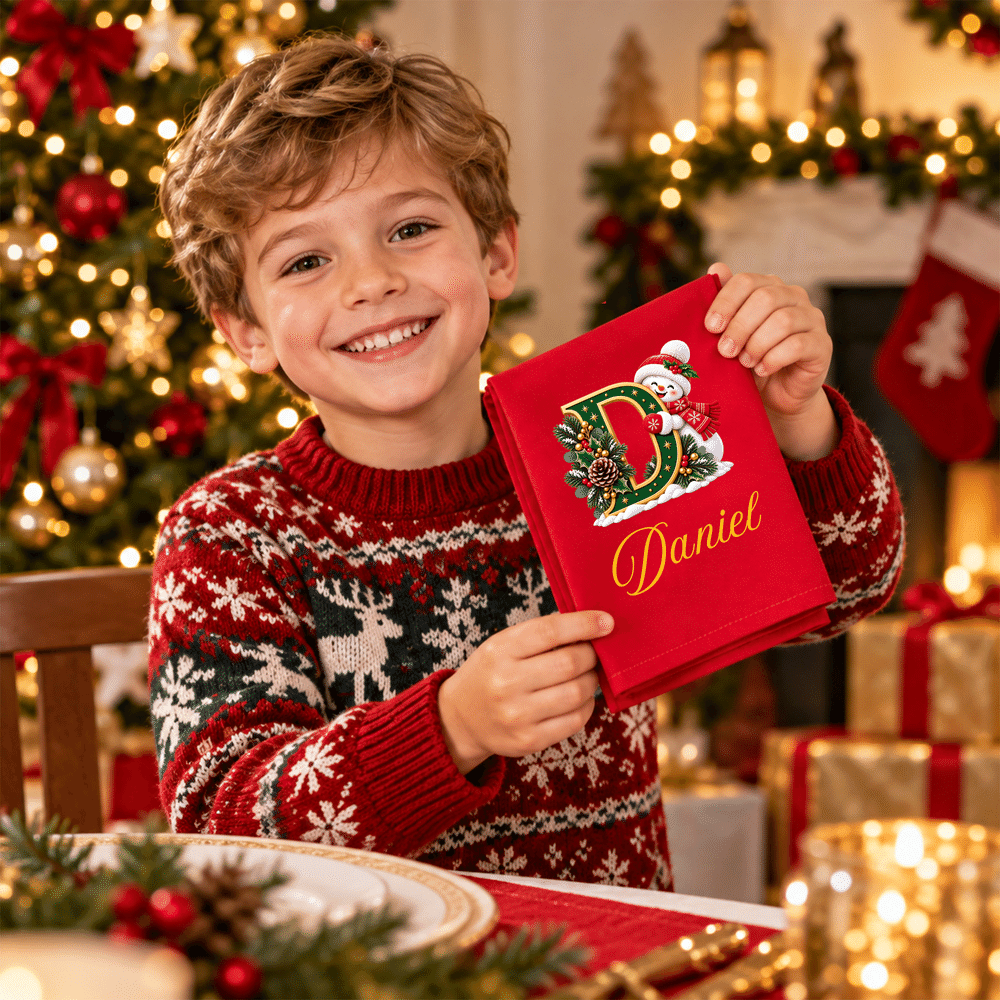 Personalised Christmas Snowman Initial 100% Cotton Napkin with Name Table Decor Christmas Gift for Friends Family 6