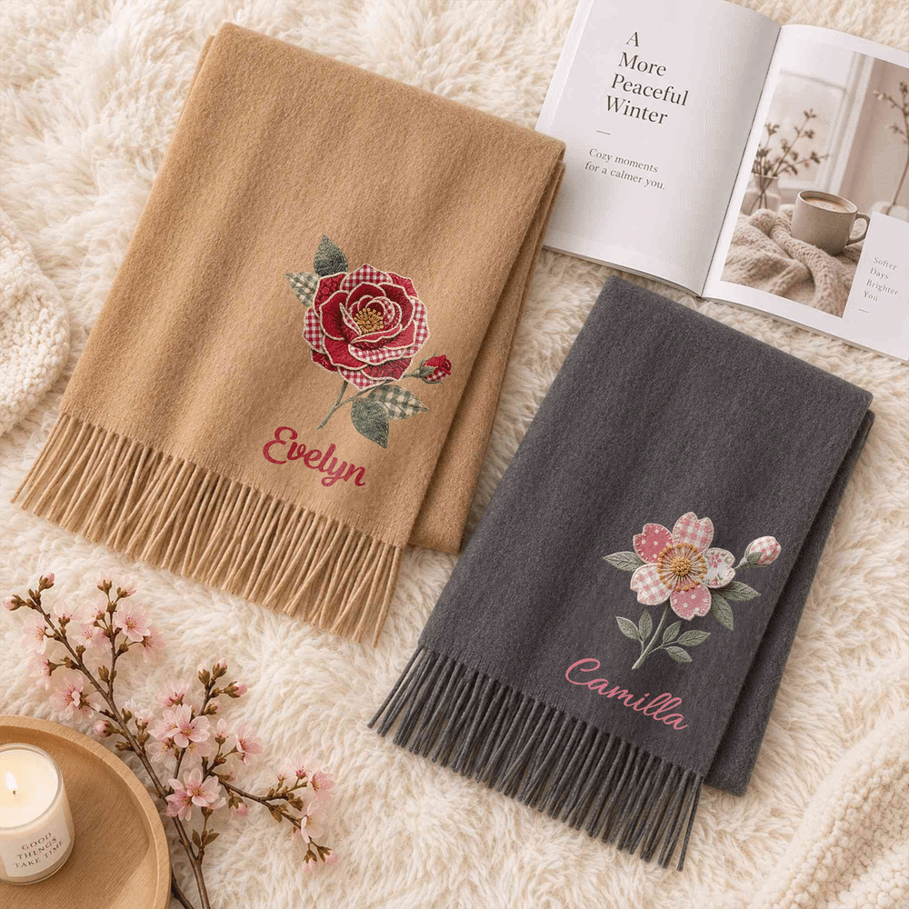 Personalised Patchwork-Style Birth Flower Soft Warm Tassel Scarf with Name Winter Accessory Christmas Birthday Gift for Women 3