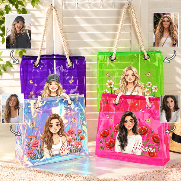 Personalized Colourful Cartoon Portrait Birth Flower Butterfly Transparent Beach Tote Bag with Photo and Name Bridesmaid Gift for Women Friends