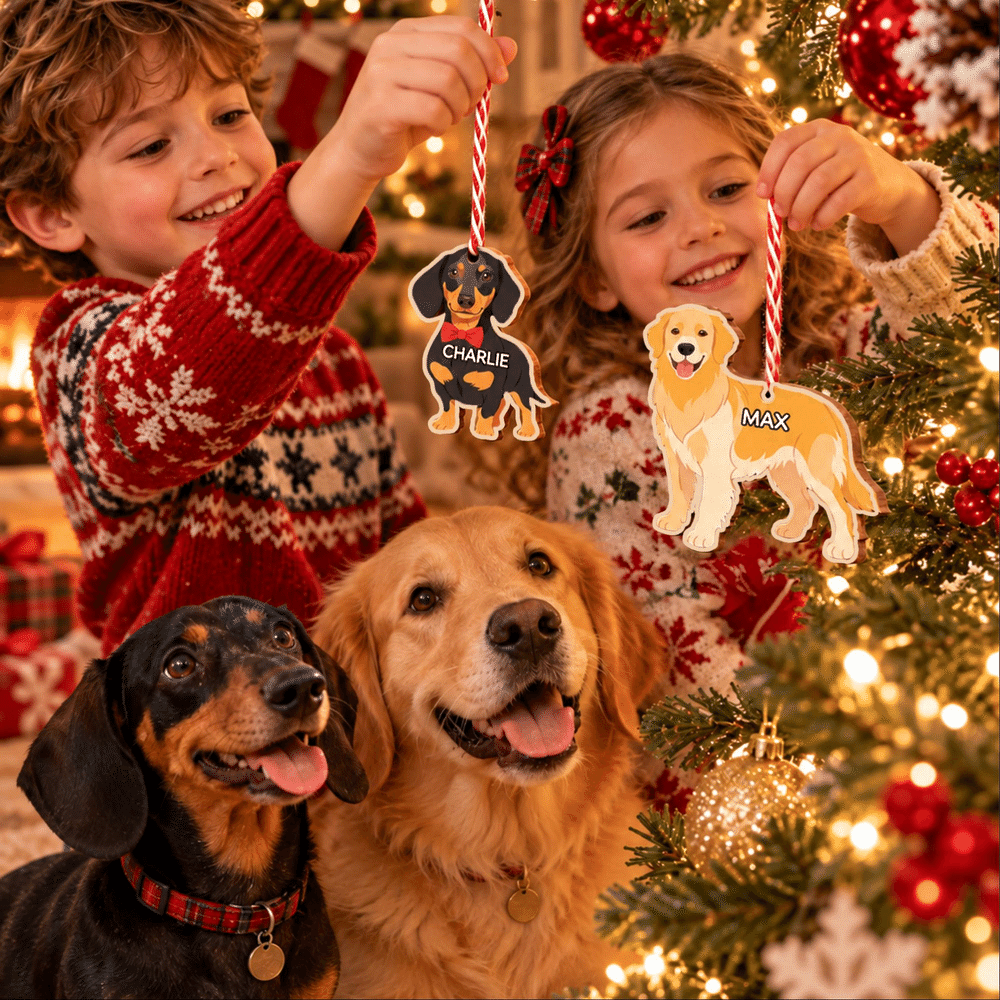 Décoration de Noël en bois personnalisée avec photo de chien en dessin animé et prénom, à suspendre – Cadeau de Noël pour les propriétaires de chiens et les amoureux des animaux 4
