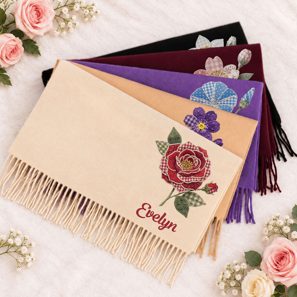 Personalised Patchwork-Style Birth Flower Soft Warm Tassel Scarf with Name Winter Accessory Christmas Birthday Gift for Women 6