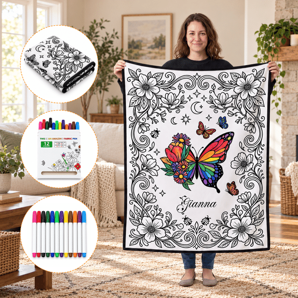 Personalised Butterfly Birth Flower Soft Throw DIY Coloring Blanket with Name and Watercolor Pens Birthday Gift for Teenager Art Enthusiast