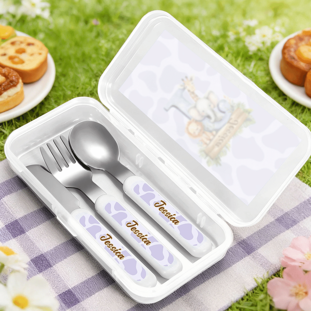 Personalised Cartoon Wild Animal Initial Fork Spoon Knife 3 Pcs Cutlery Set with Name and Case Back to School Birthday Gift for Kid Boy Girl 4