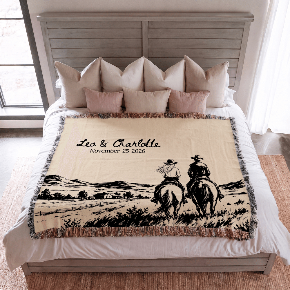 Personalised Vintage Western Wedding Theme Soft Throw Tassel Blanket with Name and Date Anniversary Wedding Party Gift for Couples Newlyweds 2