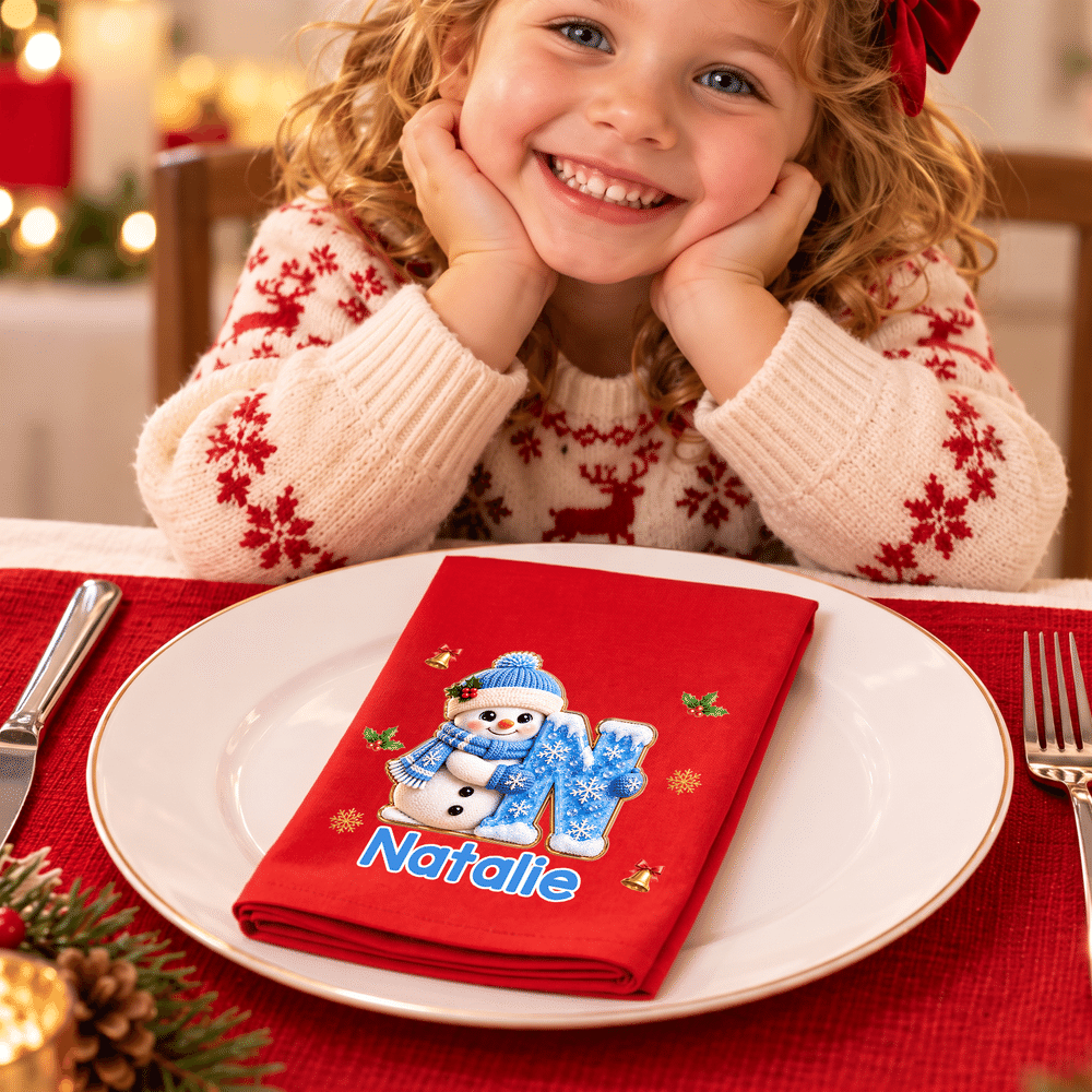 Personalized 3D-Effect Artwork Santa Claus Snowman 100% Cotton Reusable Table Napkin with Name Table Decor Christmas Gift for Family 6