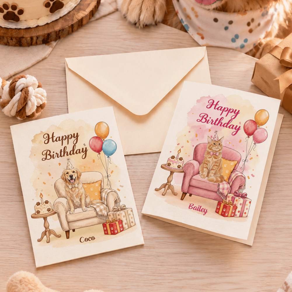 Carte de vœux personnalisée « Joyeux anniversaire » avec gâteau et ballons, photo de votre animal de compagnie, style aquarelle, avec nom et titre – Cadeau d'anniversaire ou de fête pour les amis et la famille 2