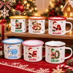 Personalised 3D-Effect Artwork Cartoon Christmas Santa Snowman Elf 12 oz Enamel Mug with Name and Initial Daily Use Christmas Party Gift for Kids 3