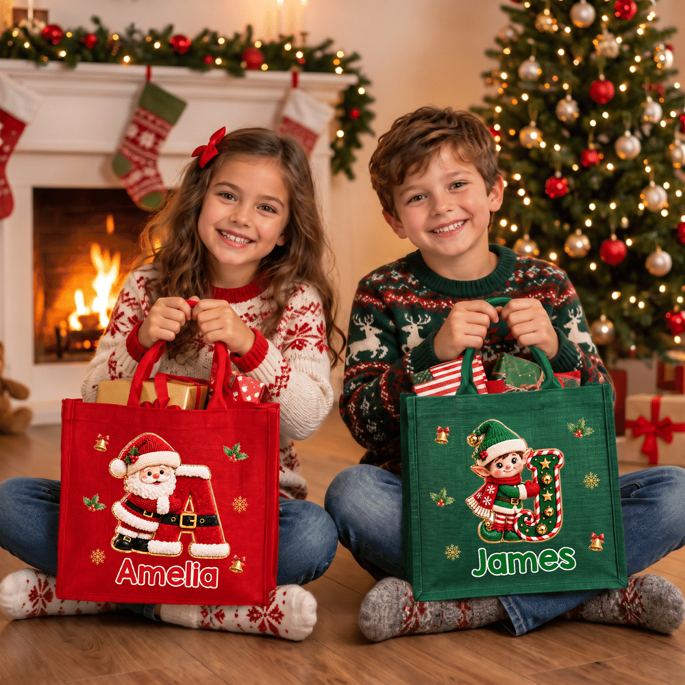 Personalised Holly Snowflake 3D-Effect Artwork Large Capacity Tote Bag with Name and Initial Christmas Party Holiday Gift for Family Friend Kid 5