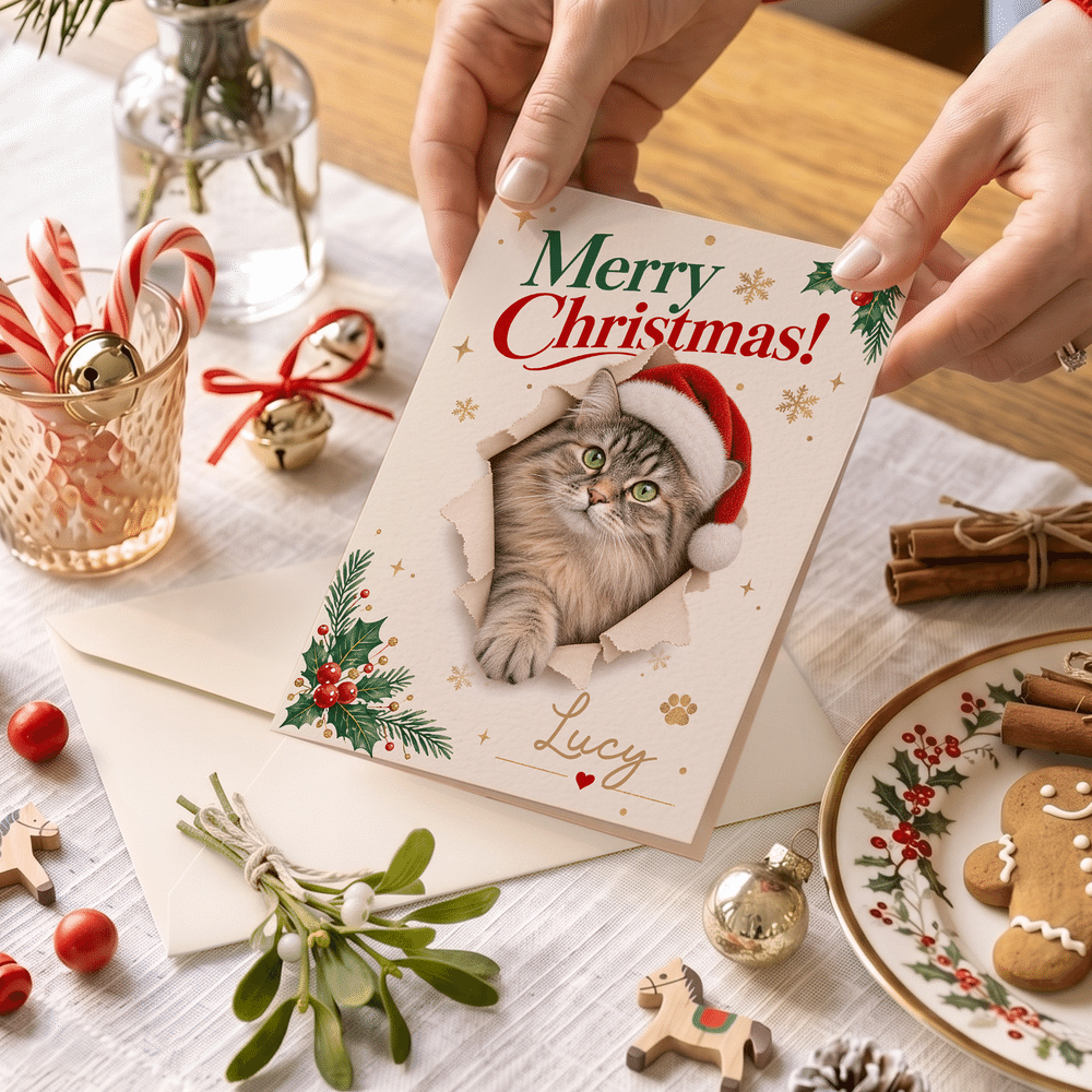 Personalized Holly Merry Christmas 3D-Effect Artwork Pet Photo Greeting Card with Name and Text Christmas Gift for Friends Family 4