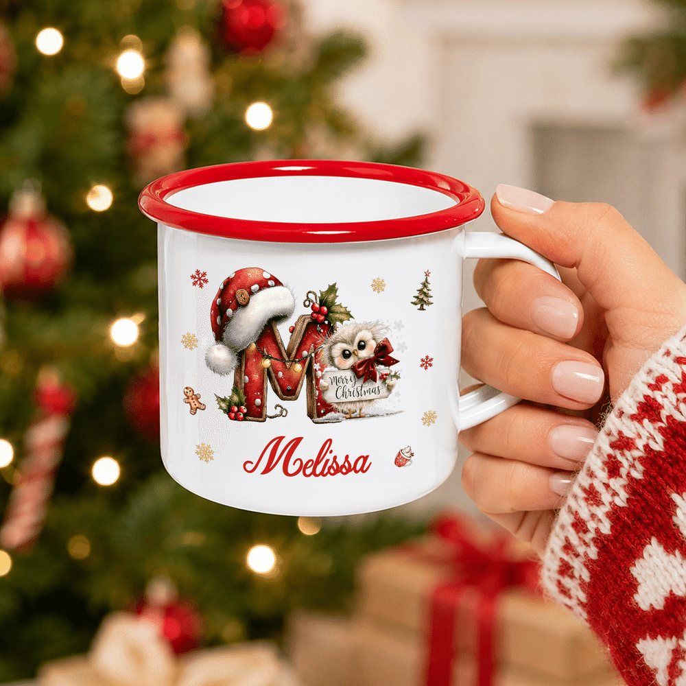 Personalised Snowflake Cartoon Animal Initial 12 oz Colourful Rim Enamel Mug with Name Christmas Holiday Gift for Family Kids 4