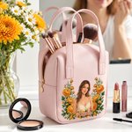 Personalized Birth Flower Character Portrait PU Leather Makeup Bag with Name and Handle Daily Use Mother's Day Gift for Girls Women 2