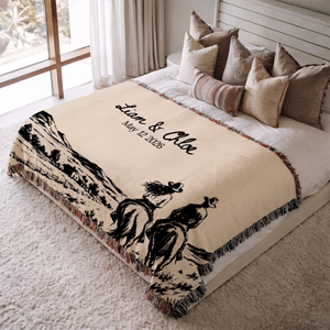 Personalized Vintage Western Wedding Theme Soft Throw Tassel Blanket with Name and Date Anniversary Wedding Party Gift for Couples Newlyweds