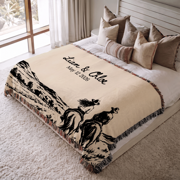Personalised Vintage Western Wedding Theme Soft Throw Tassel Blanket with Name and Date Anniversary Wedding Party Gift for Couples Newlyweds