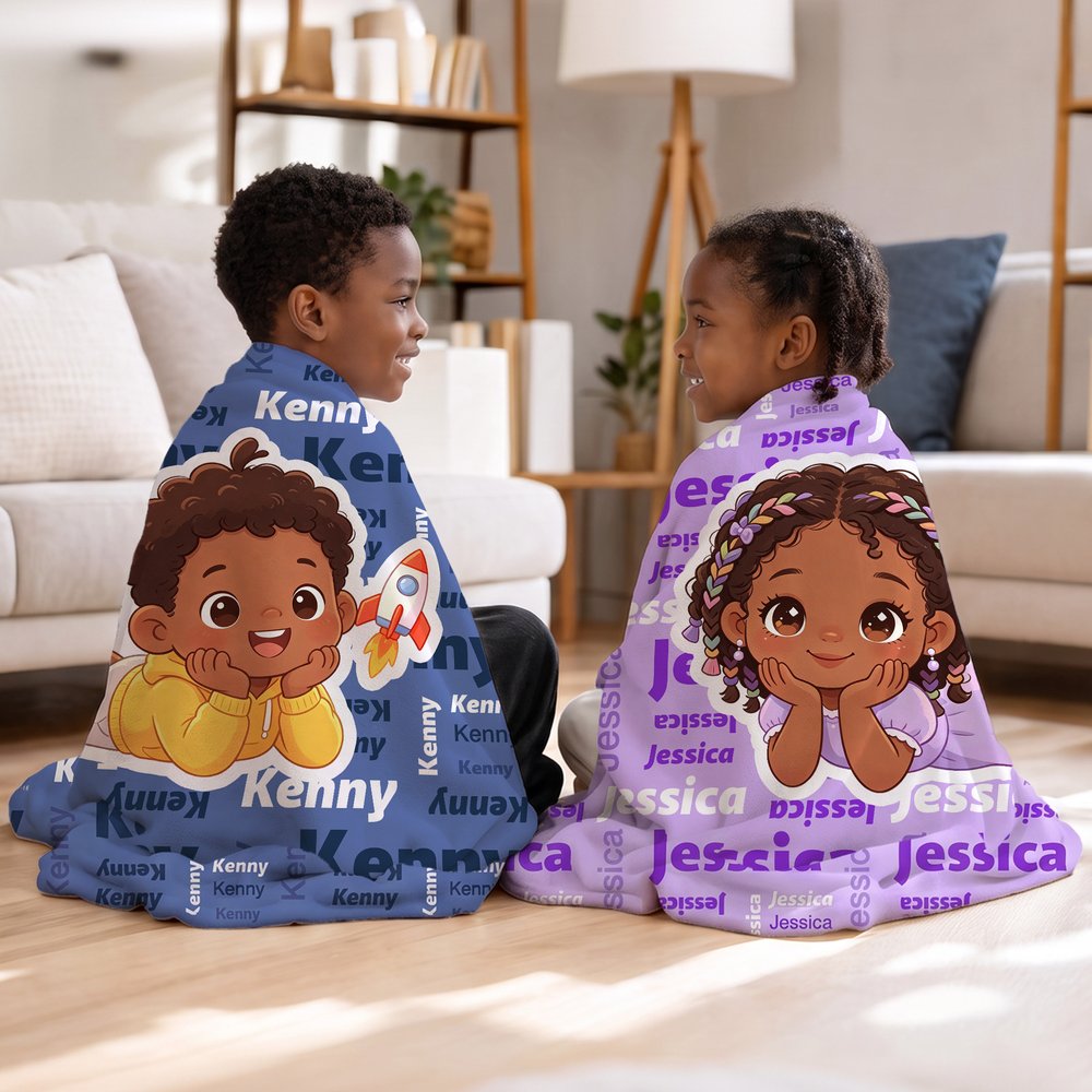 Personalised Cartoon Black Kid Word Cloud Soft Throw Blanket with Name Home Decor Birthday Christmas Gift for Black Boys Girls 3