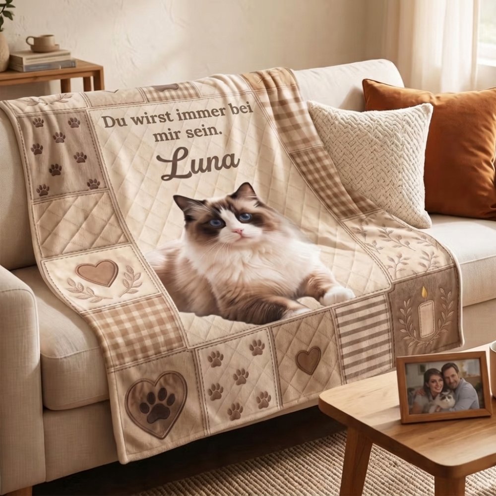 Personalisierte Kuscheldecke im Patchwork-Design | mit Haustierfoto und Namen | Weiche Sofadecke | Geburtstag Trauergeschenk für Tierbesitzer 7