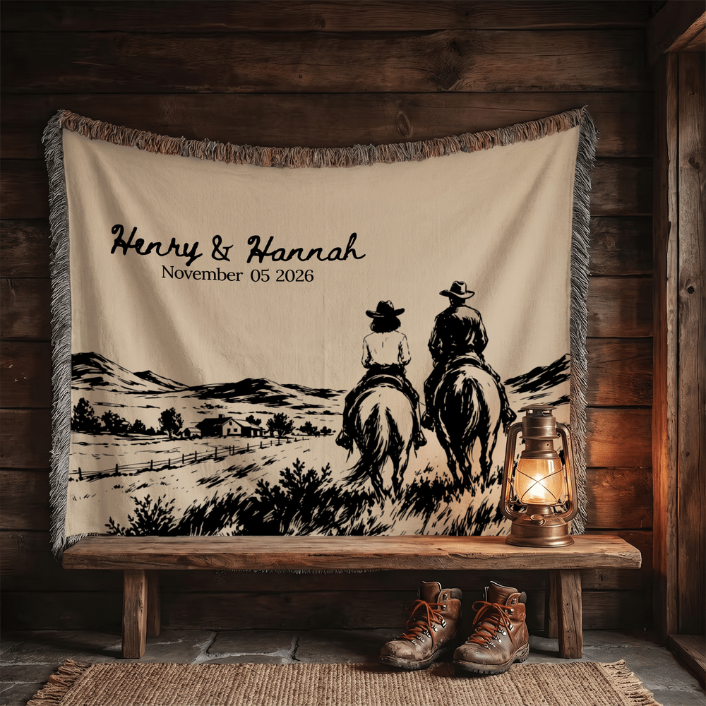 Personalised Vintage Western Wedding Theme Soft Throw Tassel Blanket with Name and Date Anniversary Wedding Party Gift for Couples Newlyweds 3