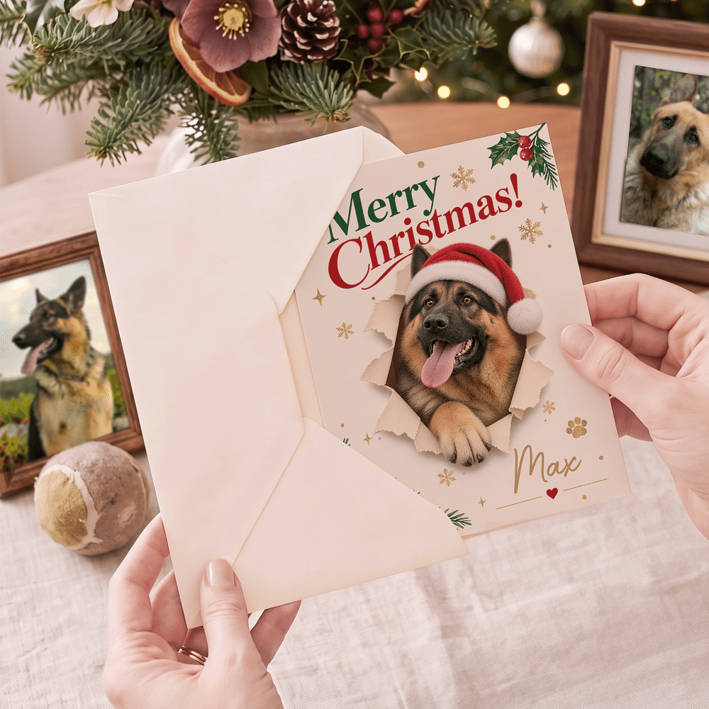 Personalized Holly Merry Christmas 3D-Effect Artwork Pet Photo Greeting Card with Name and Text Christmas Gift for Friends Family 6