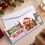 Gepersonaliseerde kerstkaart met cartoonfiguur, kerstmuts, geldvakje en envelop – kerstcadeau voor kinderen en het hele gezin 1