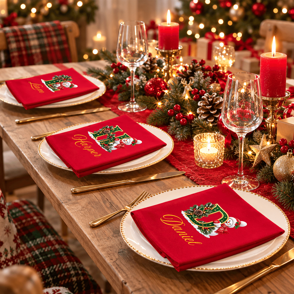 Personalised Christmas Snowman Initial 100% Cotton Napkin with Name Table Decor Christmas Gift for Friends Family 7