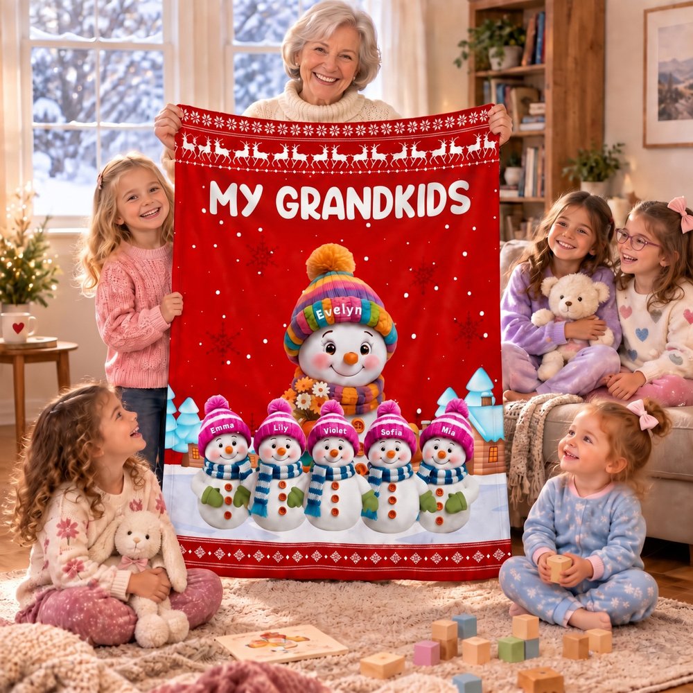 Personalized Christmas Theme Cartoon Snowman Family Soft Throw Blanket with Names Home Decor Christmas Gift for Family Grandma Grandpa 5