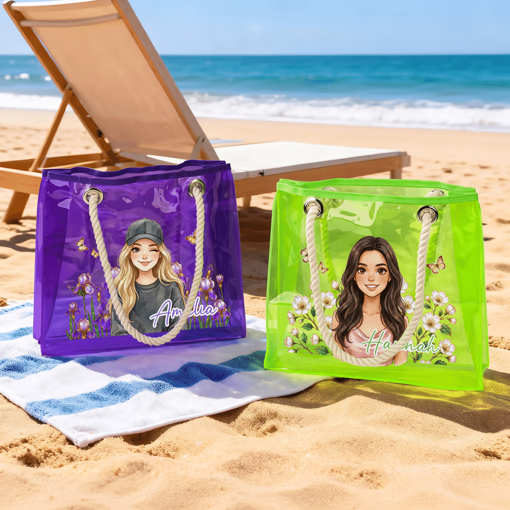 Personalised Colourful Cartoon Portrait Birth Flower Butterfly Transparent Beach Tote Bag with Photo and Name Bridesmaid Gift for Women Friends 2