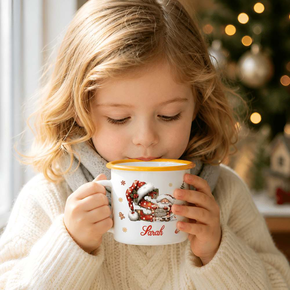 Personalised Snowflake Cartoon Animal Initial 12 oz Colourful Rim Enamel Mug with Name Christmas Holiday Gift for Family Kids 2