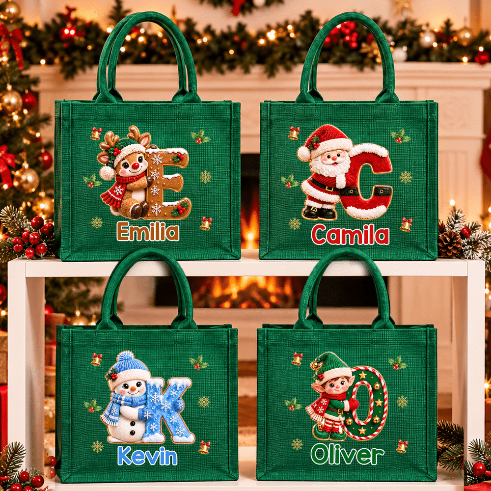 Personalised Holly Snowflake 3D-Effect Artwork Large Capacity Tote Bag with Name and Initial Christmas Party Holiday Gift for Family Friend Kid 3