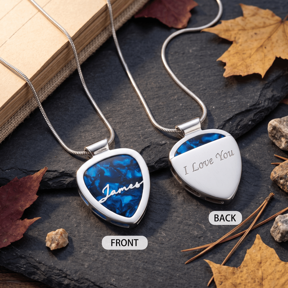 Collar con colgante personalizado y soporte desmontable para púas de guitarra, con texto en la parte posterior con el nombre. Regalo de cumpleaños con 1 púa de guitarra para guitarristas y amantes de la música 4