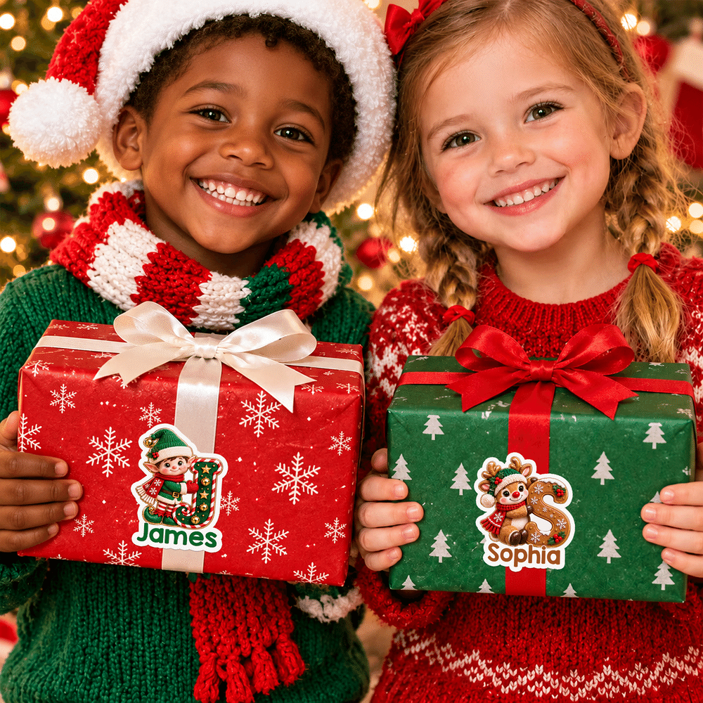 Personalised Cute Santa Claus Snowman Elf Elk Initial Label Waterproof Stickers with Name Gift Decor Christmas Party Gift for Family Friends 6