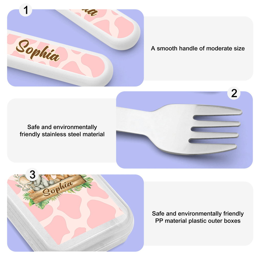 Personalised Cartoon Wild Animal Initial Fork Spoon Knife 3 Pcs Cutlery Set with Name and Case Back to School Birthday Gift for Kid Boy Girl 8