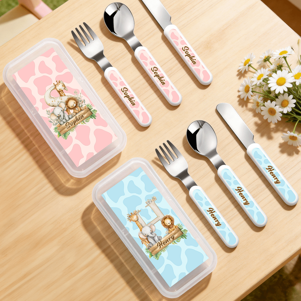 Personalised Cartoon Wild Animal Initial Fork Spoon Knife 3 Pcs Cutlery Set with Name and Case Back to School Birthday Gift for Kid Boy Girl 2
