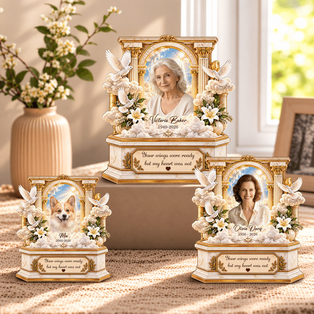 Décoration en bois superposée personnalisée de style 3D représentant une arche dorée ornée, avec photo d'art, année et texte : cadeau de condoléances pour la famille et les amis 3