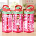 Personalisierte Wortwolke mit Cartoon-Figur und Namen – 16 oz Kinder-Trinkflasche mit Strohhalm und Griff – Geschenk zum Schulanfang, zum Kindertag oder zum Geburtstag für Kinder 1