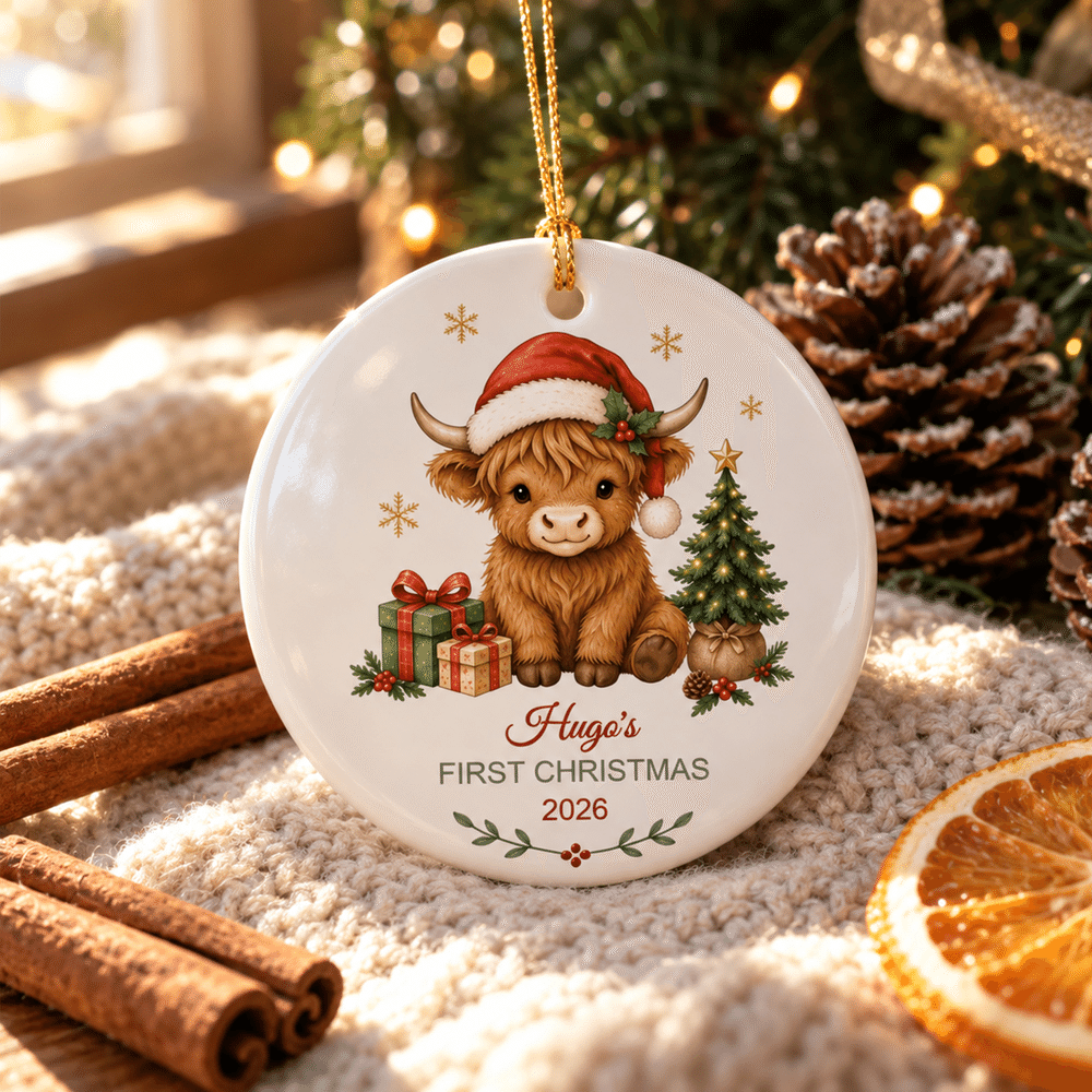Coffret cadeau personnalisé « Highland Cow » : décoration en céramique avec prénom, décoration d'arbre, cadeau de premier Noël pour un nouveau-né 1