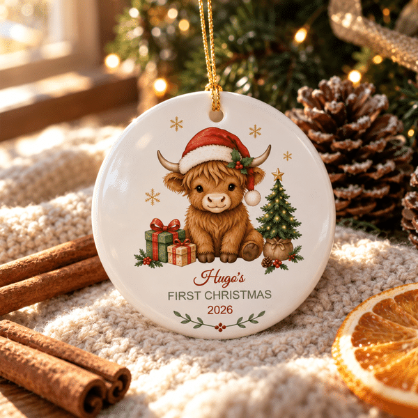 Personalized Highland Cow Gift Box Ceramic Ornament with Name Tree Decor First Christmas Gift for Newborn Baby