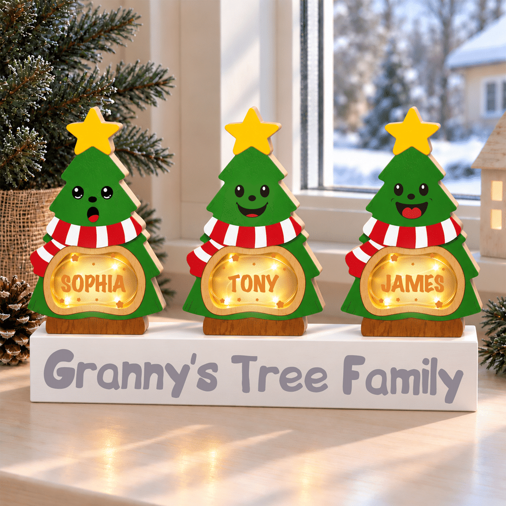 Personalized Cute Christmas Tree LED Light Wooden Christmas Ornament with Name and Text Christmas Gift for Family Kids 6