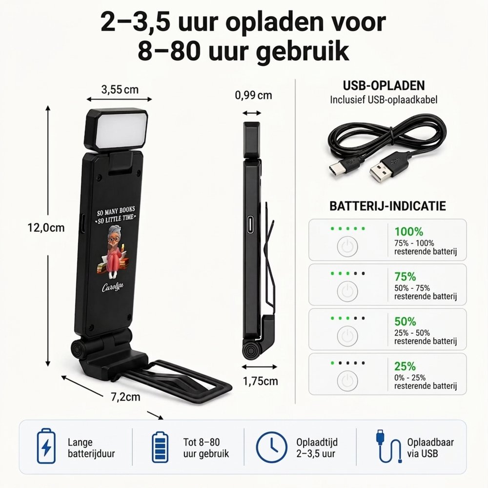 Gepersonaliseerd 3 kleuren boekenlampje met cartoonfiguur en naam, oplaadbare LED leeslamp, cadeau voor boekenliefhebbers 11