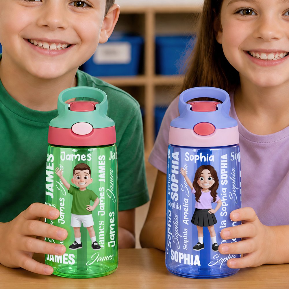 Personalisierte Wortwolke mit Cartoon-Figur und Namen – 16 oz Kinder-Trinkflasche mit Strohhalm und Griff – Geschenk zum Schulanfang, zum Kindertag oder zum Geburtstag für Kinder 4