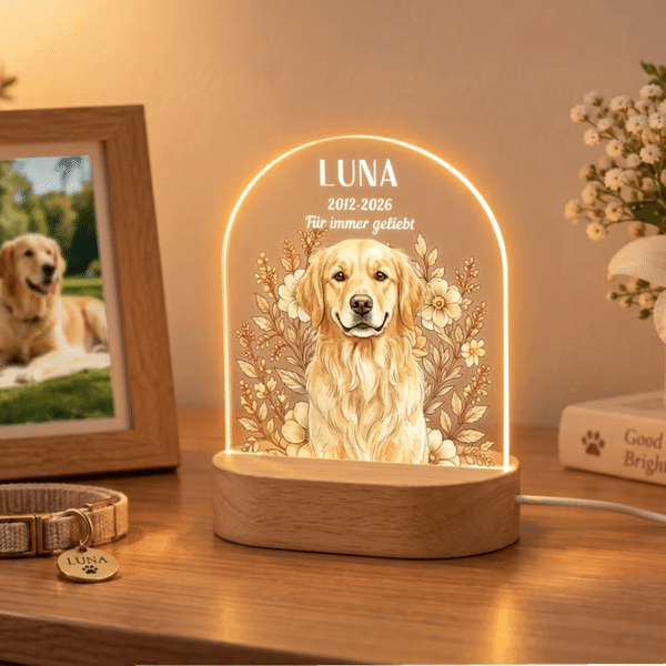 Personalisiertes Haustierfoto Nachtlicht mit Aquarell-Blumen | mit Namen & Text | LED-Acryllampe mit Holzsockel | Erinnerungsgeschenk für Tierbesitzer