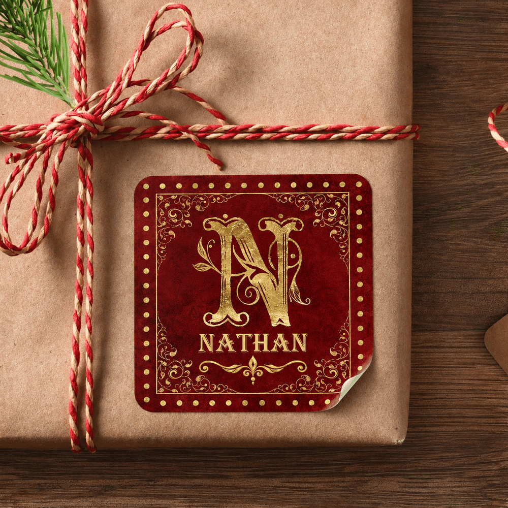 Personalized Retro Gold Initial Red Green Waterproof Square Stickers with Name Christmas Gift for Family Friends 5